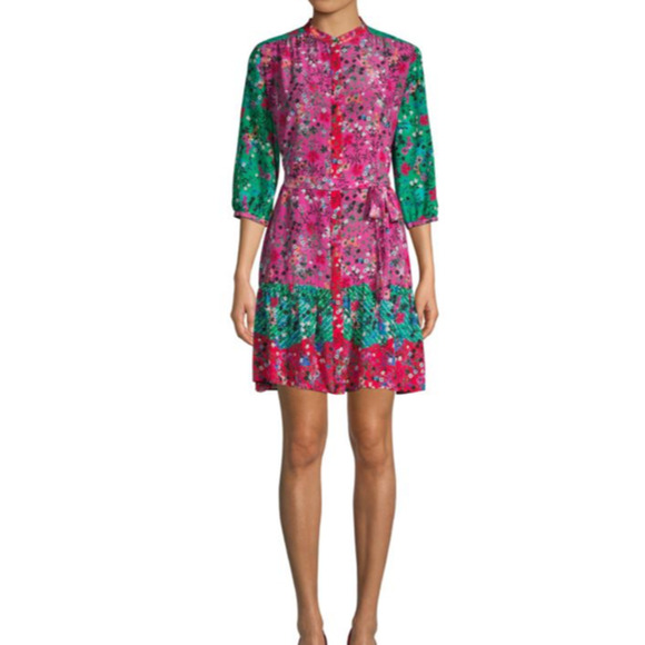SALONI Tyra Printed Silk Shirt Dress US 4 Tie-Dye Meadow Green Pink - Picture 1 of 11